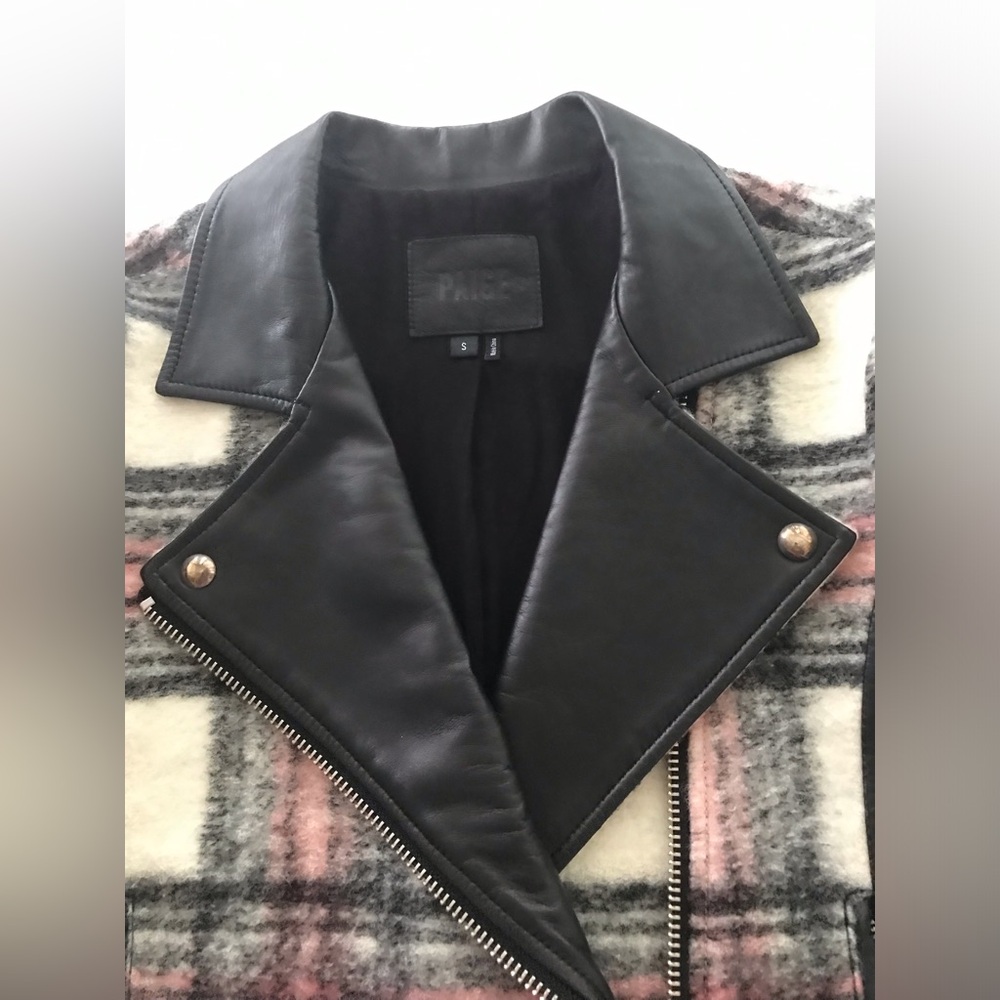Paige Farrah Plaid Wool Leather Moto Jacket Pink Black Women's Size S - Picture 12 of 16